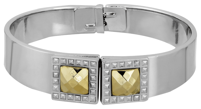 Silver-Tone and Gold-Tone Stone Square Small Hinged Bracelet