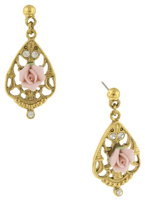 Gold-Tone Crystal and Pink Porcelain Rose Filigree Drop Earrings