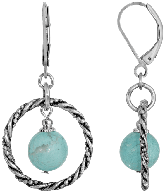 Silver-Tone Genuine Stone Turquoise Round Stone Hoop Earrings