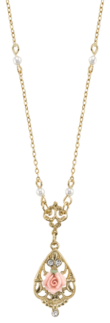 Gold-Tone Crystal and Pink Porcelain Rose Simulated Pearl Necklace 17"