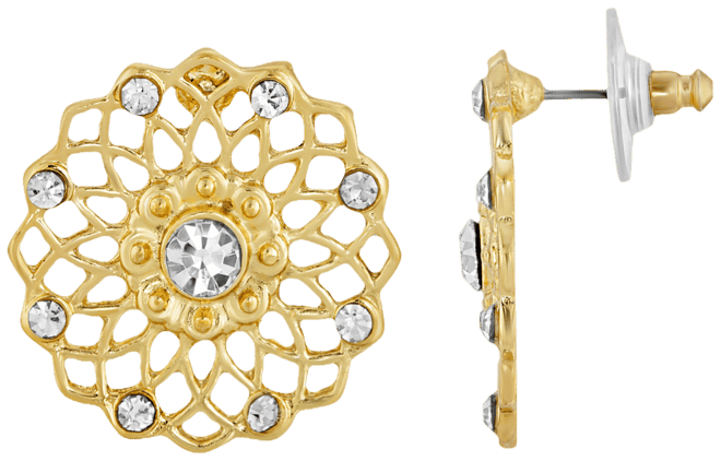 Gold-Tone Crystal Large Filigree Button Earrings