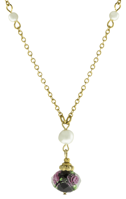Gold-Tone Imitation Pearl and Black Floral Bead Drop 16" Adjustable Necklace