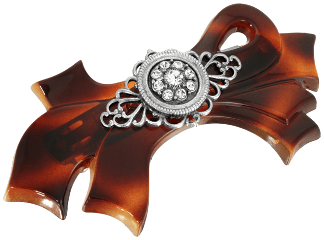 Women's Tortoise with Silver-Tone Filigree and Crystal Accent Bow Barrette