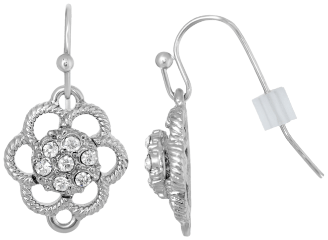 Silver-Tone Small Crystal Flower Drop Earrings