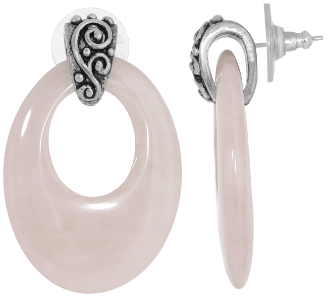 Pewter Semi Precious Oval Rose Quarts Hoop Earrings