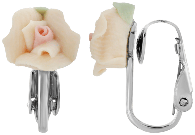 Silver Tone Peach Porcelain Rose Clip Earrings