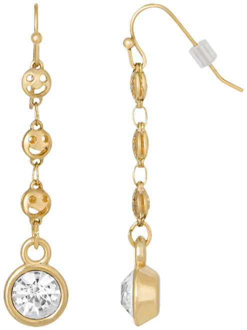 Gold-Tone Happy Face Chain Crystal Linear Drop Earring