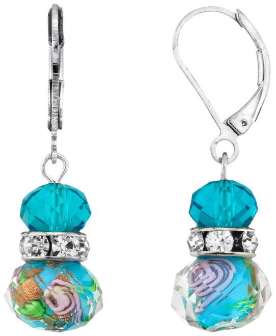 Silver Tone Aqua Blue Pink Floral Beaded Drop Wire Earring
