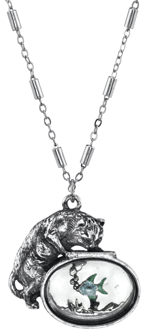 Pewter Cat with Blue Enamel Fish in Glass Fishbowl Necklace 30"