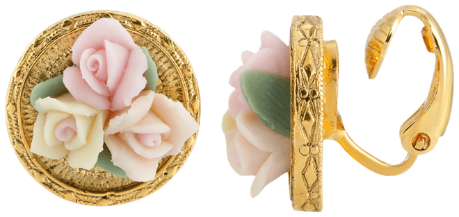 Gold Tone 3 Flower Pink White Porcelain Flower Round Button Clip Earring