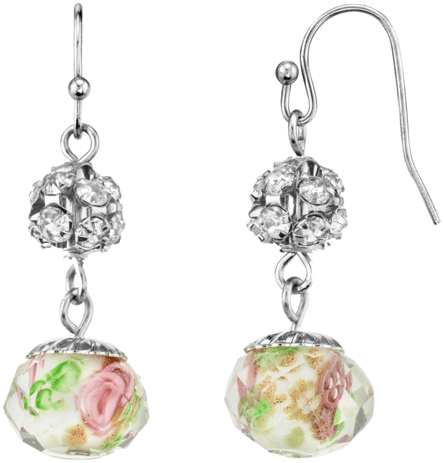 Silver Tone Crystal Pink Flower Beaded Drop Wire Earring