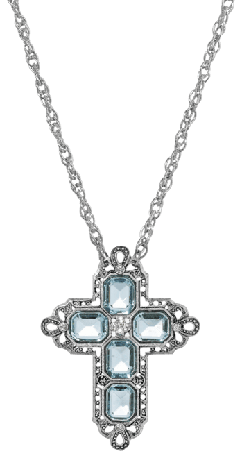 Women's Pewter Rectangle Light Blue Crystal Cross Chain Necklace