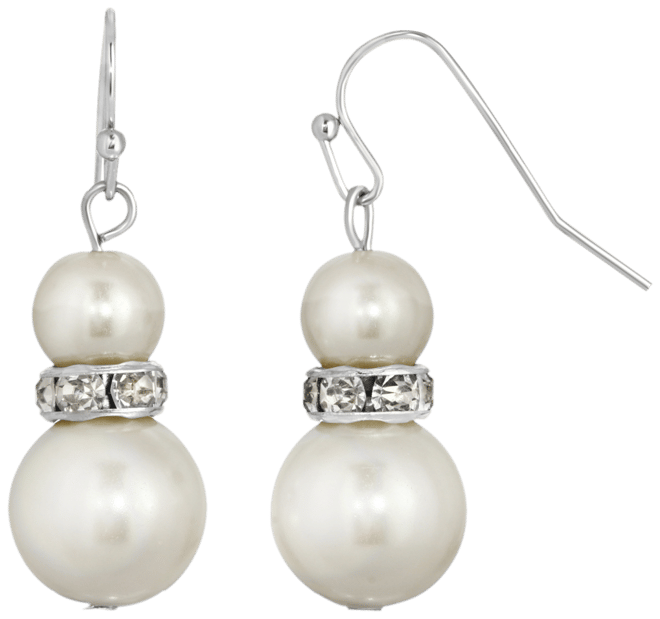 Silver-Tone White Graduated Imitation Pearl and Crystal Drop Earrings