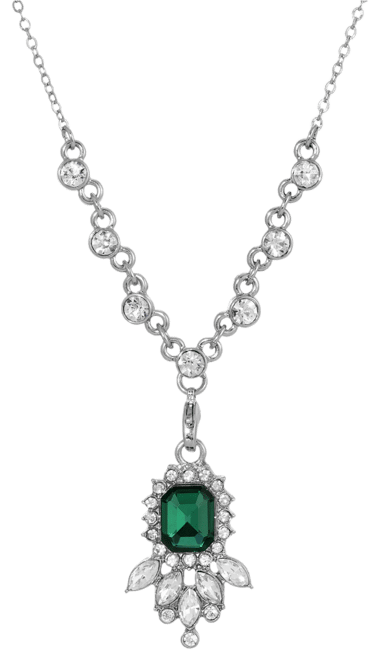 Women's Silver Tone Green and Crystal Pendant Necklace