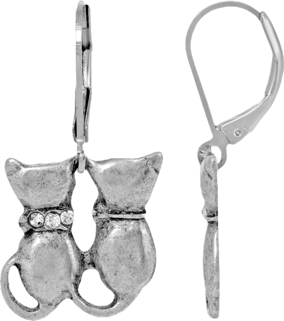 Women's Silver Tone Crystal Double Cat Wire Earrings