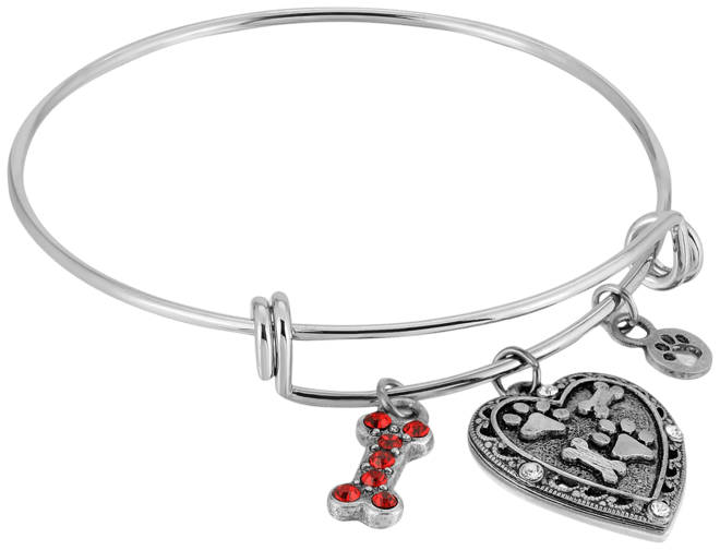 Pewter Heart Bone Paw Print Charm Bracelet