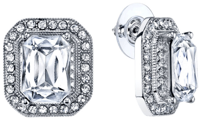 Silver-Tone Crystal Octagon Button Earrings