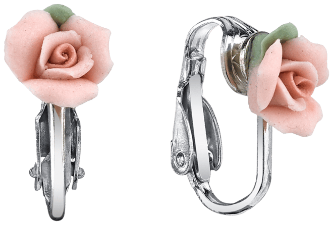 Silver Tone Porcelain Rose Clip-on Earrings