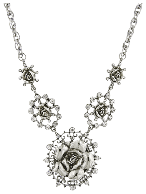 Silver-Tone Crystal Multi Flower Drop Necklace 16" Adjustable