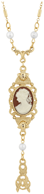 Carnelian Oval Cameo with Faux Imitation Pearls Necklace