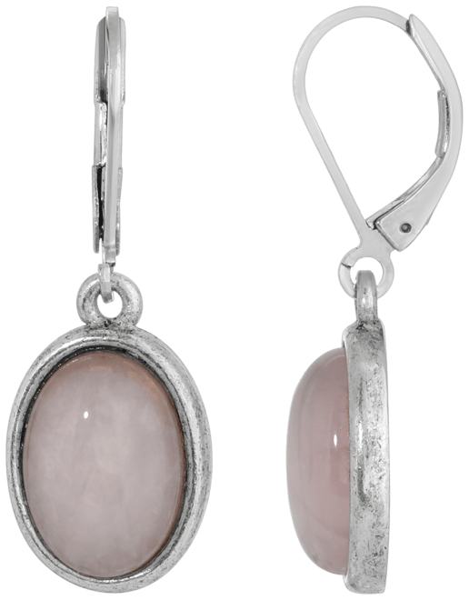 Silver-Tone Semi Precious Rose Quartz Oval Drop Earrings