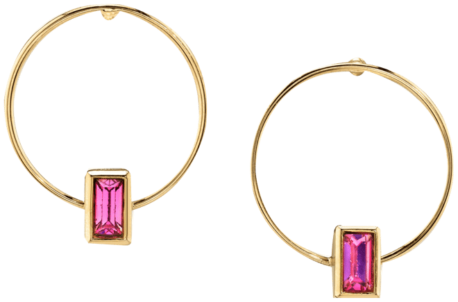 14K Gold-tone Rectangle Crystal Hoop Stainless Steel Post Small Earrings