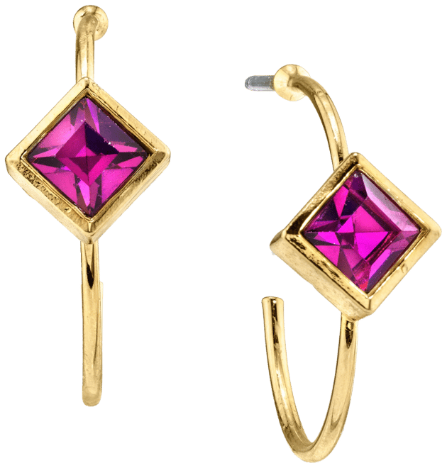 14K Gold-tone Diamond Shape Crystal Open Hoop Stainless Steel Post Small Earrings