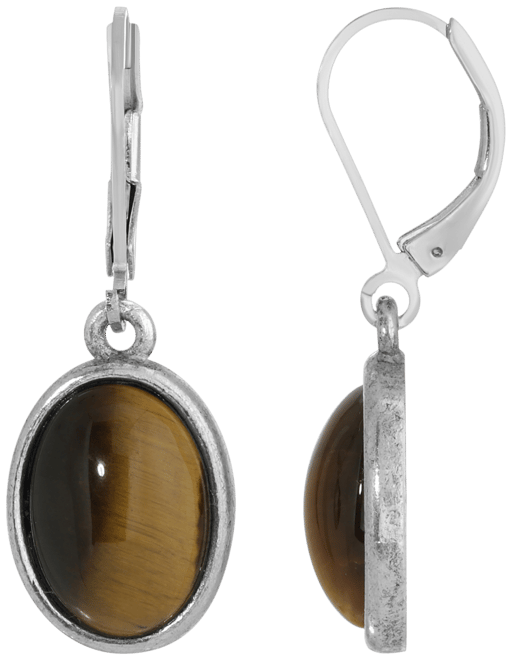 Silver-Tone Semi Precious Tiger Eye Oval Drop Earrings