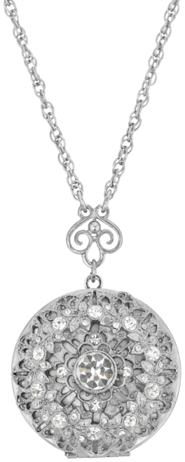 Silver-Tone Round Crystal Locket 30" Necklace