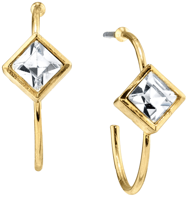 14K Gold-tone Diamond Shape Crystal Open Hoop Stainless Steel Post Small Earrings