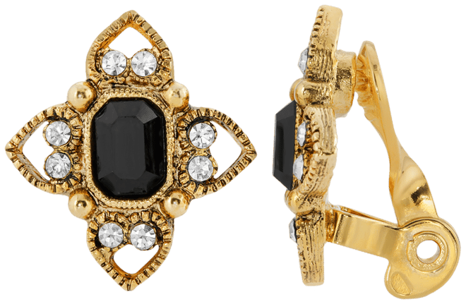Gold Tone Black Rectangle Crystal Floral Clip Earring