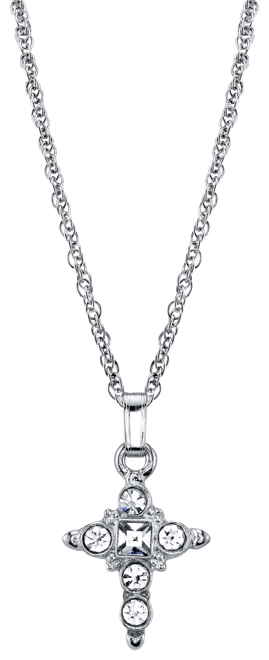 Silver Tone Crystal Cross Pendant Necklace 16" Adjustable