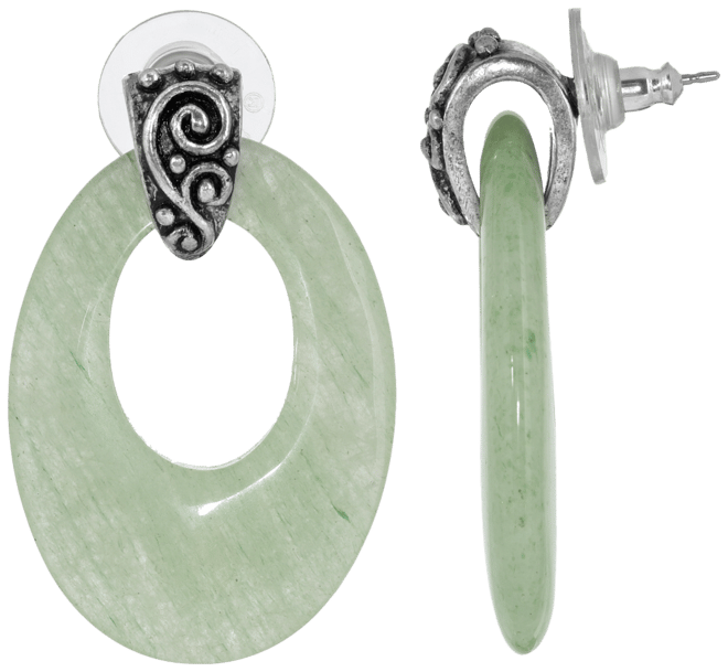 Pewter Semi Precious Oval Aventurine Hoop Earrings