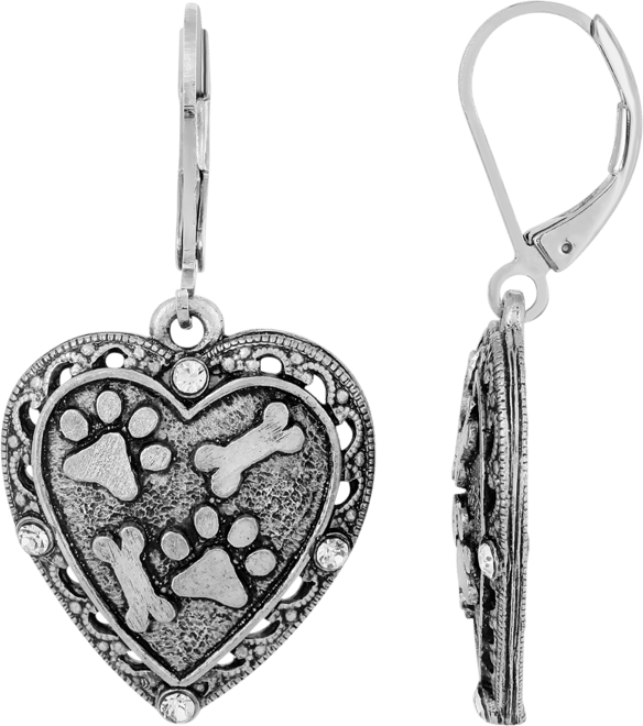 Silver Tone Heart Paw and Bones Drop Earrings