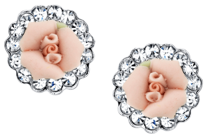 Silver-Tone Crystal and Pink Porcelain Rose Button Earrings
