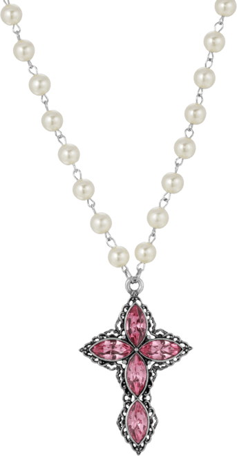 Women's Pewter Pink Crystal Diamond Shaped Stones Cross Imitation Pearl Necklace