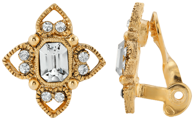 Gold Tone Clear Crystal Rectangle Crystal Floral Clip Earring