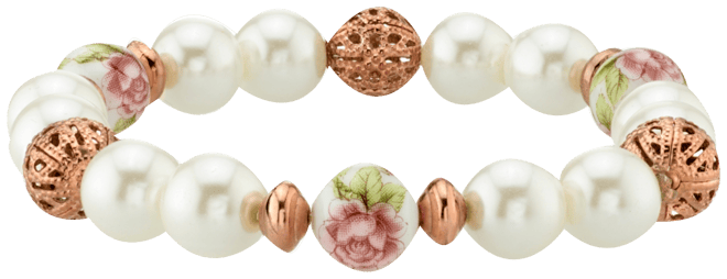 Rose Gold Tone Simulated Pearl Purple Flower Filigree Beaded Bracelet