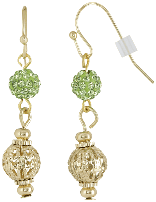 Gold-Tone Green Fireball and Filigree Drop Earrings