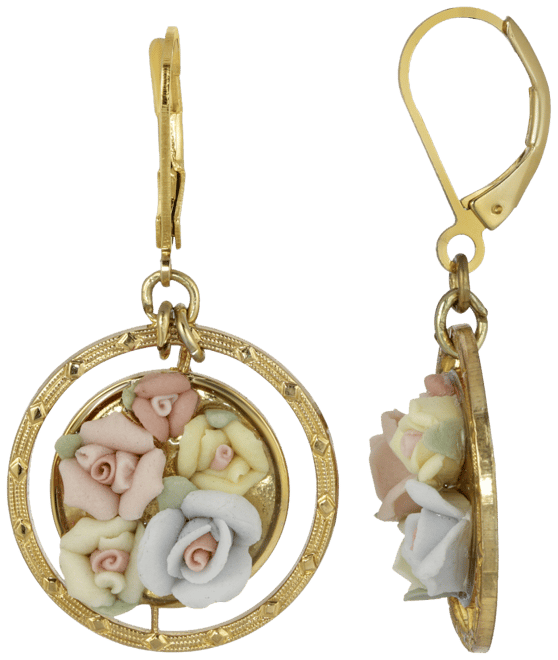 Women's Gold Tone Yellow Porcelain Flower Round Drop Earring