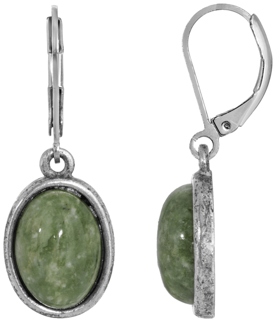 Silver-Tone Semi Precious Jade Oval Drop Earrings