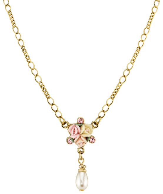 Gold-Tone Crystal Ivory and Pink Porcelain Rose Simulated Pearl Necklace 16" Adjustable