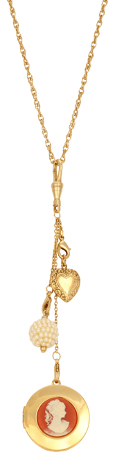 Women's Gold Tone Carnelian Cameo Round Locket with Charms Necklace