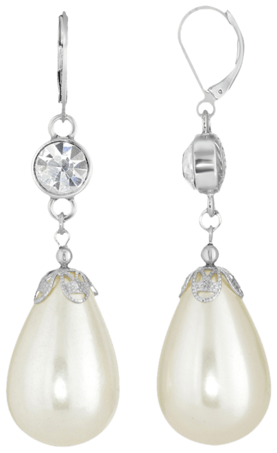 Silver-Tone Crystal Large Imitation Pearl Pear Shape Drop Earring