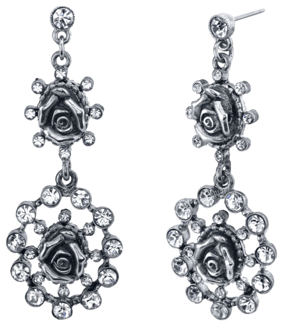 Silver-Tone Crystal Flower Double Drop Earrings