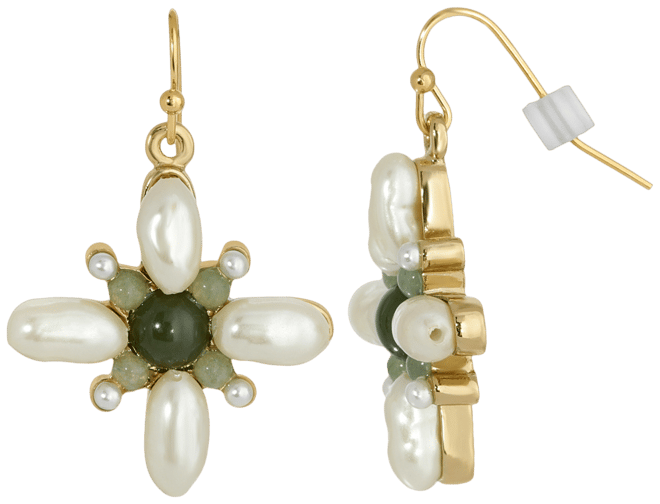 Gold-Tone Imitation Pearl and Semi Precious Stone Drop Earrings