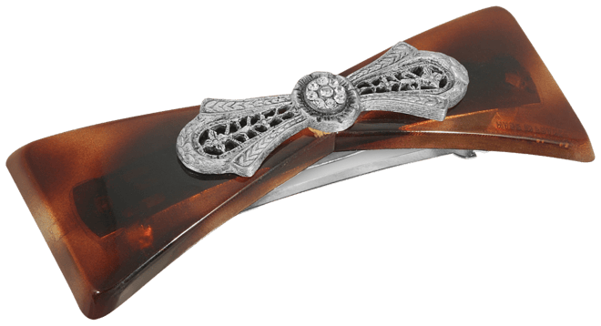 Women's Tortoise with Silver-Tone Filigree and Crystal Accent Barrette