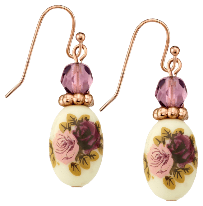 Rose Gold Tone Purple Crystal Bead Flower Drop Earrings