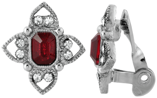 Silver Tone Rectangle Crystal Floral Clip Earring