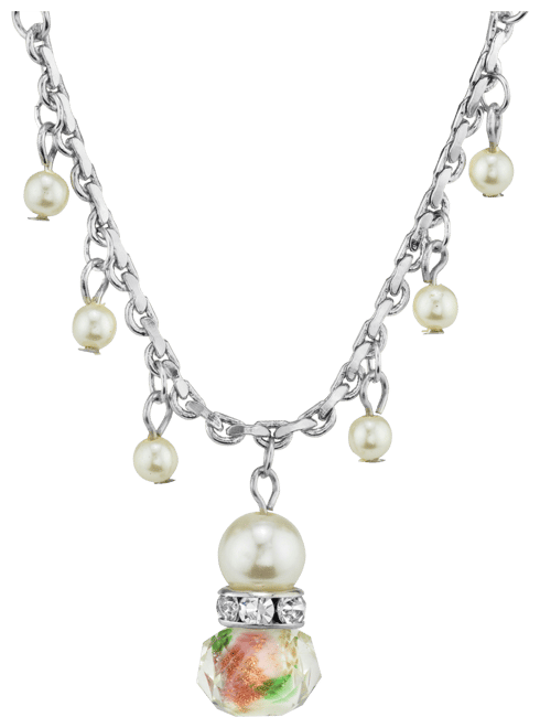 Silver Tone Faux Pearl Pink Flower Beaded Drop Necklace 16" Adjustable